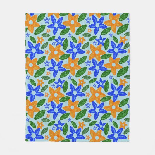 Retro Blau & Orange Blumenmuster Fleecedecke (Vorderseite)