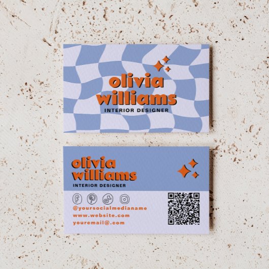 Retro Blau Orange QR-Code Groovy Kariert Einzigart Visitenkarte