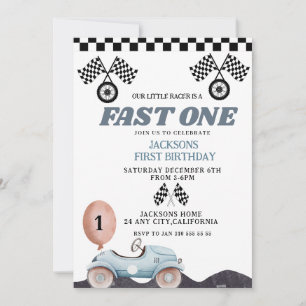 Retro Blau Schneller Junge 1. Geburtstag Auto Jung Einladung