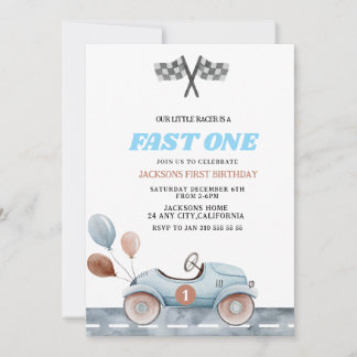 Retro Blau Schneller Junge 1. Geburtstag Auto Jung Einladung