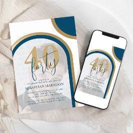 Retro Blau und Gold 40. Foto Geburtstag Einladung