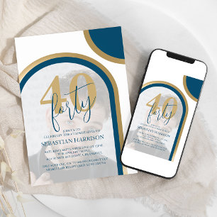 Retro Blau Und Gold 40. Foto-Geburtstag Einladung