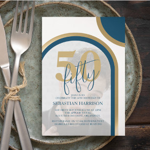 Retro Blau und Gold 50. Foto Geburtstag Einladung