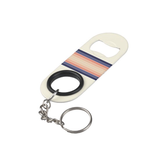 Retro Blau und Pfirsichfarben "Surfboard" gestreif Mini Flaschenöffner (Rückseite Schrägansicht)