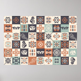 Retro Blau, Weiß und Orange Azulejos Pattern Lisb Poster