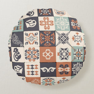 Retro Blau, Weiß und Orange Azulejos Pattern Lisb Rundes Kissen