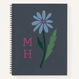 Retro Blaue Blumige Rosa Monogramm Schiefergrau Notizblock