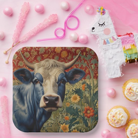Retro Blaue Kuh im Sonnengarten Pappteller (Party)