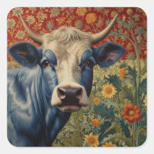 Retro Blaue Kuh im Sonnengarten Quadratischer Aufkleber (Vorderseite)