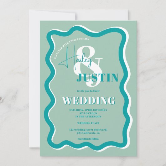 Retro blaue Kurve quiggle wavy Hochzeitsfest Foto Einladung (Vorderseite)