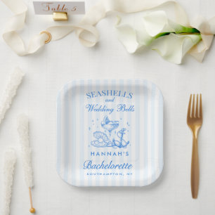 Retro Blaue Muscheln & Hochzeitsglocken Junggesell Pappteller