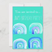 Retro-Blaue RegenbogenGeburtstagsparty Einladung (Vorderseite)