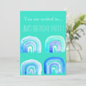 Retro-Blaue RegenbogenGeburtstagsparty Einladung (Stehend Vorderseite)