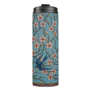 Retro-blaue Schwalbenmuster von Walter Crane Thermosbecher