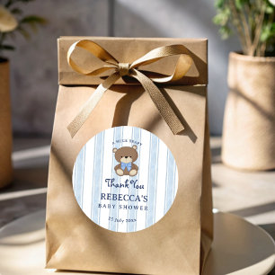 Retro blaue Streifen Teddy Bär Baby Dusche Gefalle Runder Aufkleber