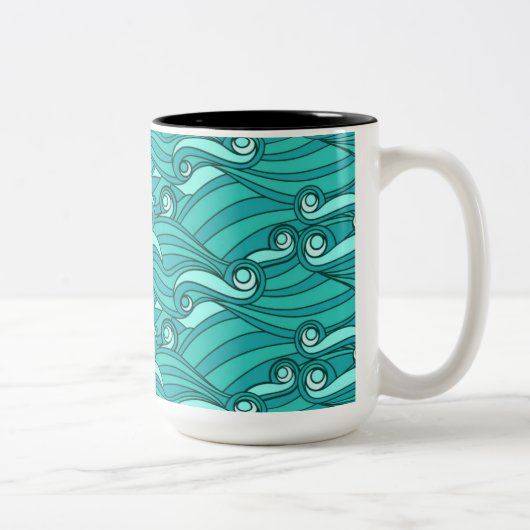 Retro-blaue Wellen doodle surf art Zweifarbige Tasse (Rechts)