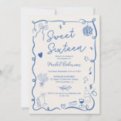 Retro blauer französischer Hand gezeichnet illustr Einladung (Vorderseite)