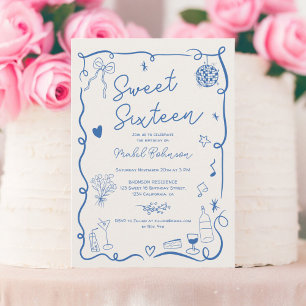 Retro blauer französischer Hand gezeichnet illustr Einladung