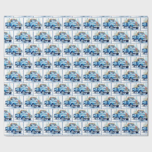 Retro Blauer LKW in Schneeflocken Geschenkpapier (Flach)