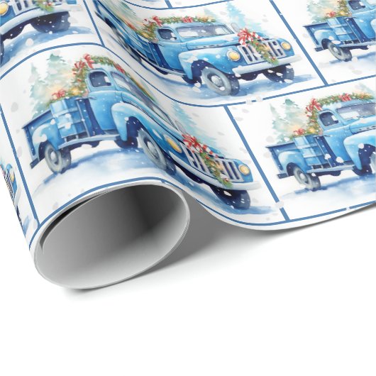 Retro Blauer LKW in Schneeflocken Geschenkpapier (Rolleneckpunkt)