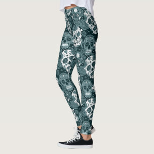Retro-blauer Zucker-Schädel-Blumen-Ornamentalmuste Leggings