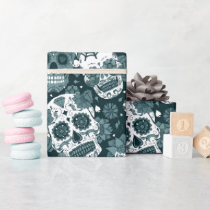 retro-blauer Zuckerschädel-Blumen-Ornamentalmuster Geschenkpapier
