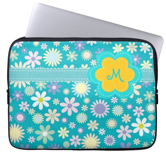 Retro blaues Blumen-Power-Monogramm Laptopschutzhülle (Vorderseite)