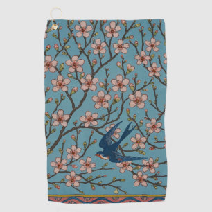 Retro Blaues Blumenmuster mit Schwalben von Walter Golfhandtuch