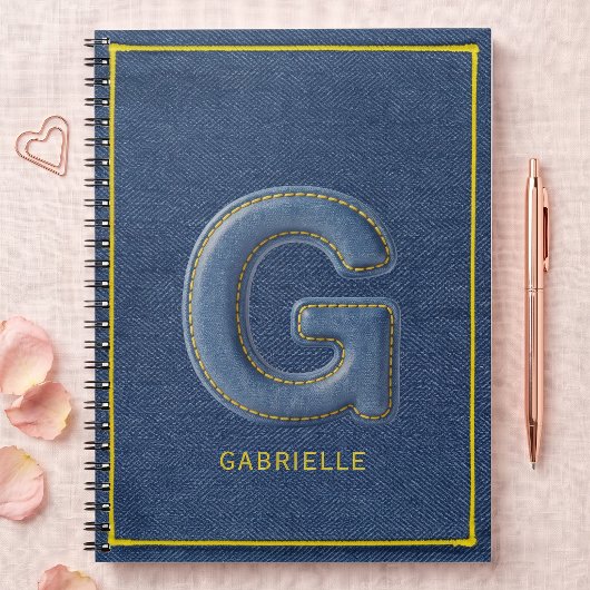 Retro Blaues Denim-Gesticktes Monogramm Buchstabe Notizblock