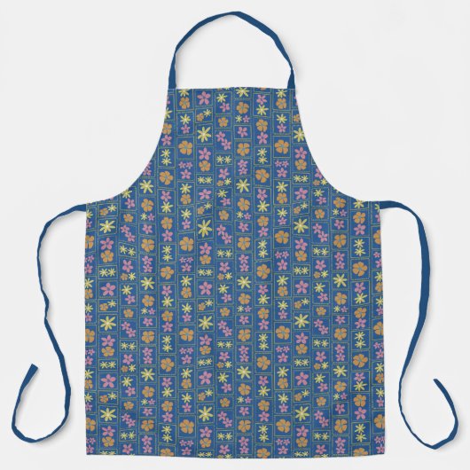Retro Blaues Patchwork-Blumenmuster groß Schürze (Vorderseite)
