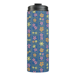 Retro Blaues Patchwork-Blumenmuster Thermosbecher