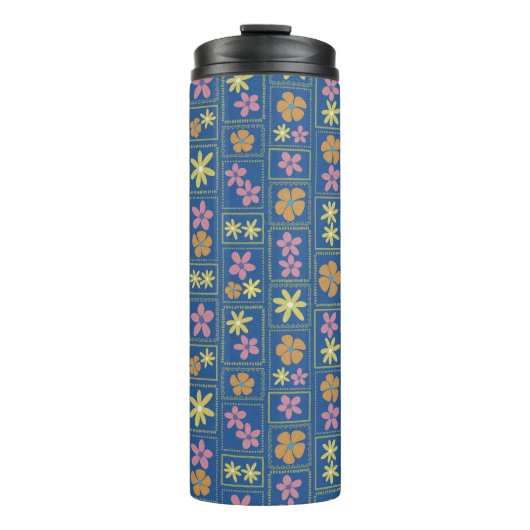 Retro Blaues Patchwork-Blumenmuster Thermosbecher (Vorderseite)