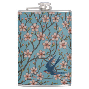 Retro-blaues Schwalbenmuster mit floralem Design v Flachmann