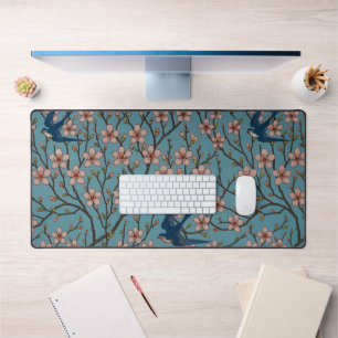 Retro-blaues Schwalbenmuster mit floralem Design v Schreibtischunterlage