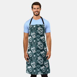 retro-blaues Zucker-Schädel-Blumen-Ornamentmuster Schürze