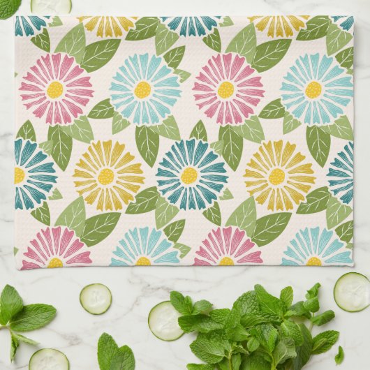 Retro Block Print Daisies Geschirrtuch (Gefaltet)