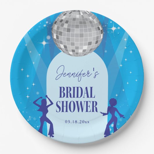 Retro Blue 70s Disco Dancing Queen Bridal Shower Pappteller (Vorderseite)