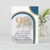 Retro Blue and Gold Foto 90. Geburtstag Einladung (Stehend Vorderseite)