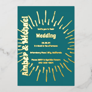 Retro Blue Aquamarin und Gold Sun Wedding Folieneinladung