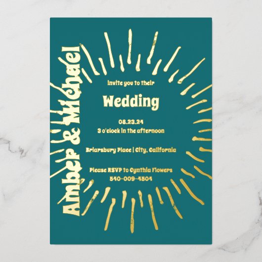 Retro Blue Aquamarin und Gold Sun Wedding Folieneinladung (Vorderseite)
