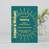Retro Blue Aquamarin und Gold Sun Wedding Folieneinladung (Stehend vorne)