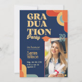 Retro Blue & Beige Graduierungsparty Einladung (Vorderseite)