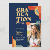 Retro Blue & Beige Graduierungsparty Einladung (Vorne/Hinten)