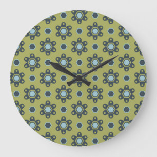 Retro Blue & Black Daisies on Green Floral Pattern Große Wanduhr