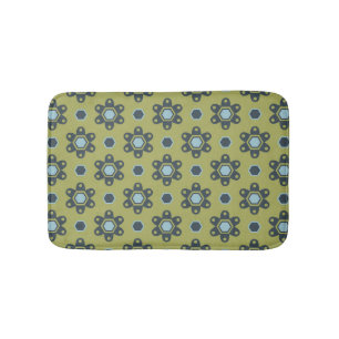 Retro Blue & Black Daisis auf grünem Blumenmuster Badematte