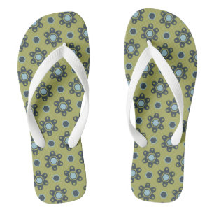 Retro Blue & Black Daisis auf grünem Blumenmuster Badesandalen