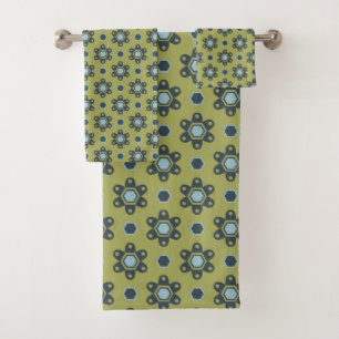 Retro Blue & Black Daisis auf grünem Blumenmuster Badhandtuch Set