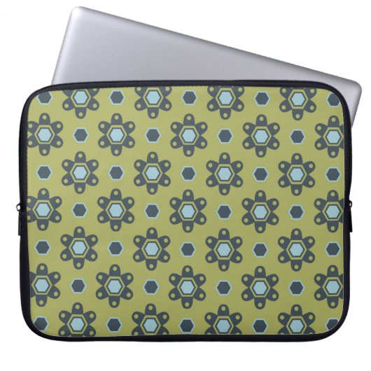 Retro Blue & Black Daisis auf grünem Blumenmuster Laptopschutzhülle (Vorderseite)