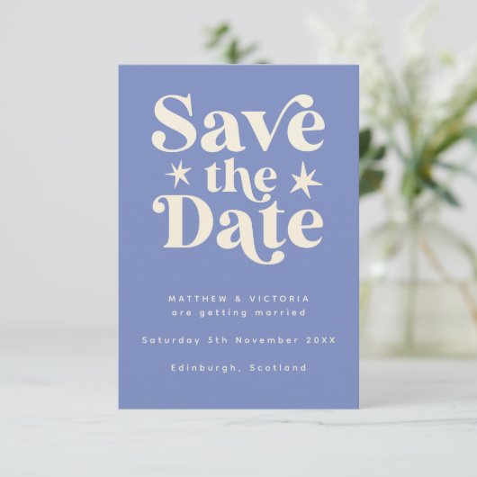Retro blue Boho Simple Save the Date Card (Stehend Vorderseite)