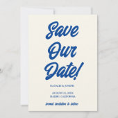 Retro Blue Bright Funky Bold Modern Einzigartige H Save The Date (Vorderseite)